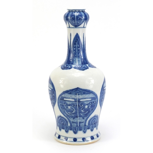 10 - Chinese blue and white porcelain garlic neck vase, hand painted with symmetrical mythical faces, six... 