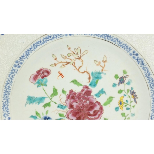 7 - Good pair of Chinese porcelain chargers, each finely hand painted in the famille rose palette with f... 