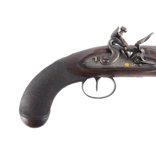 54 - Good 18th century walnut flintlock overcoat pistol by Howell & Simmons with rifled Damascus barrel, ... 
