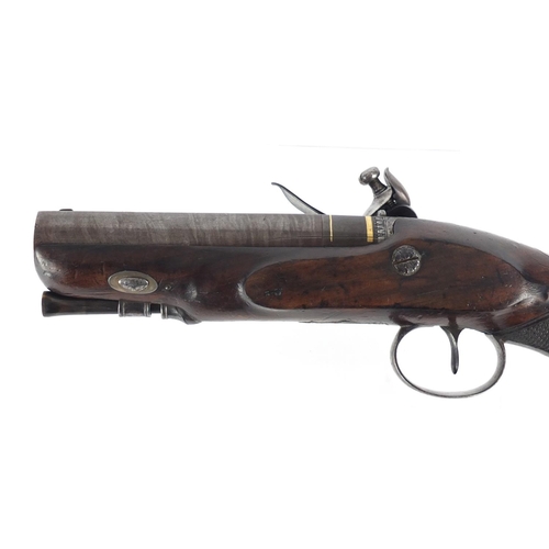 54 - Good 18th century walnut flintlock overcoat pistol by Howell & Simmons with rifled Damascus barrel, ... 
