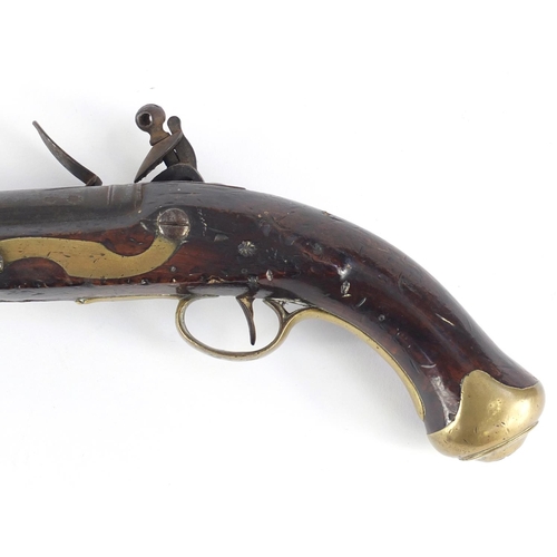 56 - George III military walnut tower flintlock holster pistol, the side plate stamped Tower GR, 40.5cm i... 