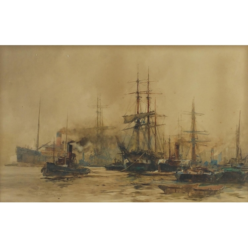 18 - Charles Dixon 1894 - Tug boats pulling masted vessels with ocean liner, heightened watercolour, fram... 