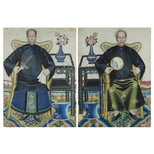 9 - Ancestral portraits, near pair of Chinese watercolours, framed, the largest 65cm x 47cm  the other 6... 