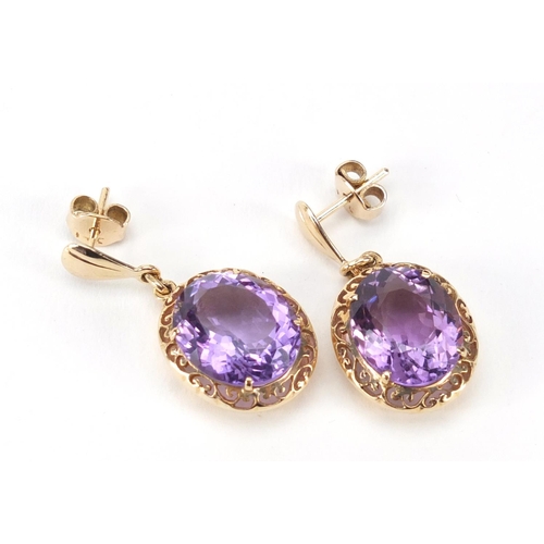 41 - Pair of unmarked gold amethyst earrings, 3.2cm in length, 8.4g