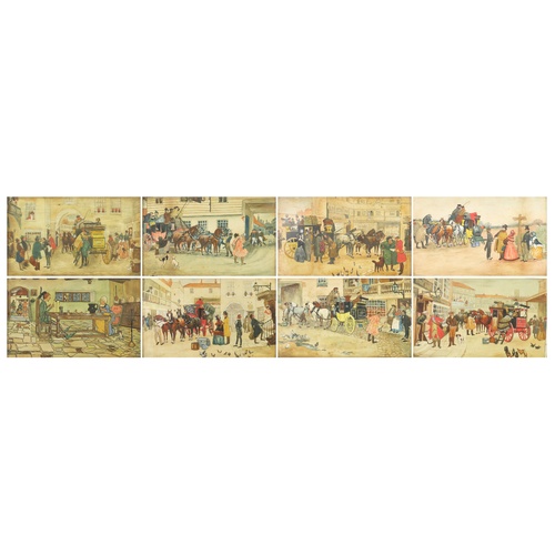17 - O E Carter - Coaching scenes, set of eight Edwardian watercolours, each framed, each 30cm x 17.5cm
