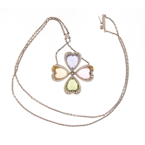 3318 - Unmarked white metal, multi gem four leaf clover necklace, set with diamonds, sapphire, peridot, cit... 