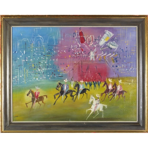 1173 - Horseracing scene, French school oil on board, framed, 59.5cm x 44cm excluding the frame