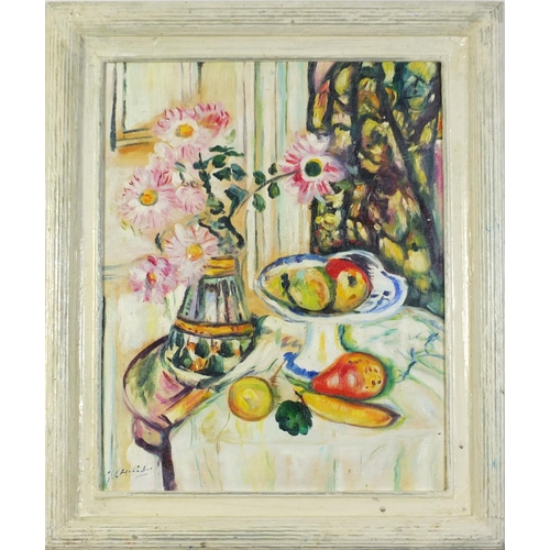 1177 - Still life fruit and flowers, Scottish Colourist school, oil on board, framed, 50cm x 39.5cm excludi... 