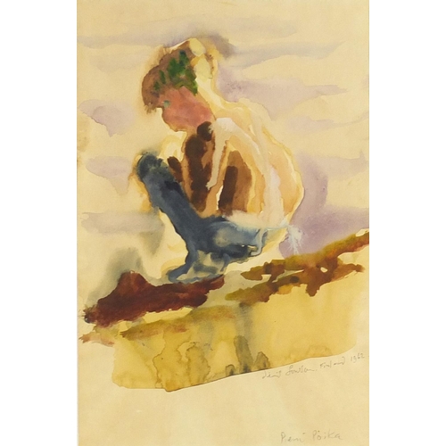 1174 - Pierre Poika - Young boy turned away, Finnish watercolour, signed and dated, mounted, framed and gla... 