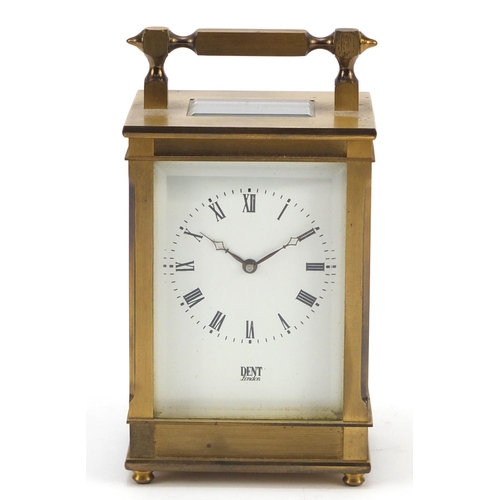 32 - Dent of London, brass cased carriage clock with bevelled glass and dial having Arabic numerals, 11.5... 