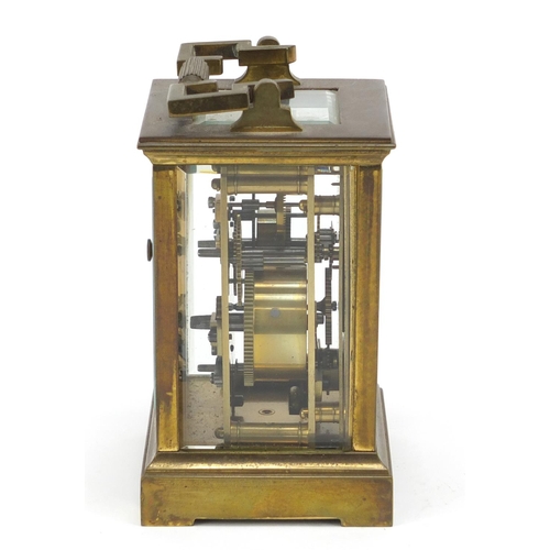 31 - 19th century brass cased carriage clock striking on a bell having enamelled and subsidiary dials wit... 