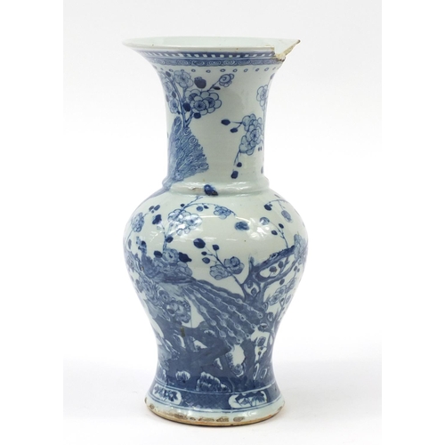 1154 - Chinese blue and white porcelain Yen Yen vase hand painted with a bird amongst cherry blossom, 35.5c... 