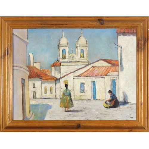37 - Venice with two figures, Irish school oil on board, framed, 60cm x 44.5cm excluding the frame