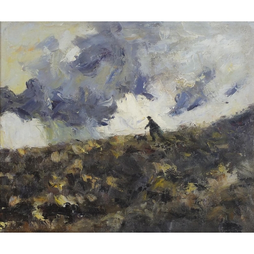 35 - Manner of Kyffin Williams - Farmer with dog, inscribed KW verso, Welsh school oil on board, framed, ... 