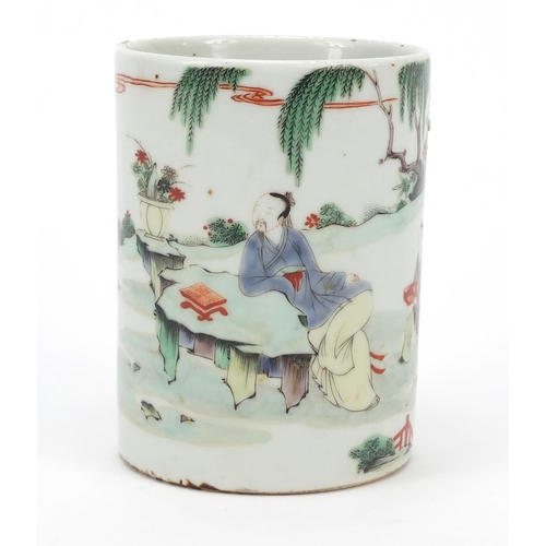 46 - Chinese porcelain brush pot hand painted in the famille verte palette with figures attending an Empe... 