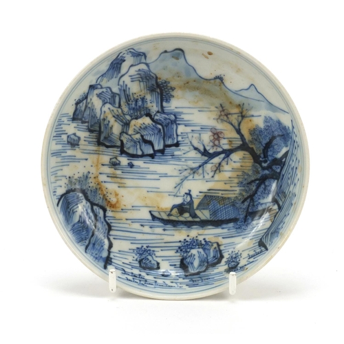 50 - Chinese blue and white porcelain shallow dish hand painted with fishermen in a mountain landscape, f... 