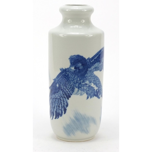 42 - Good Chinese blue and white porcelain vase finely hand painted with a vulture and calligraphy, four ... 