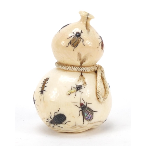 52 - Good Japanese shibayama carved ivory double gourd sack inlaid with insects, 7.5cm high