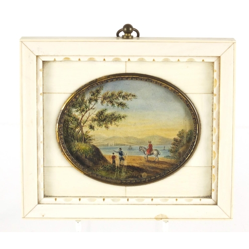 28 - 19th century oval watercolour miniature of figures before water housed in a sectional ivory frame, 8... 