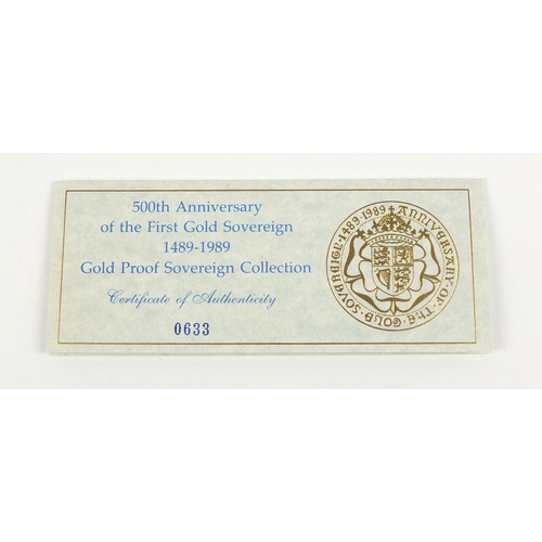 365 - 500th Anniversary of the First Gold Sovereign, 1489-1989 gold proof sovereign collection with box an... 