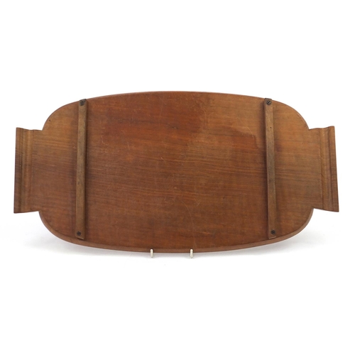 1450 - Military interest hardwood tray with twin handles and carved crest, 60cm in length