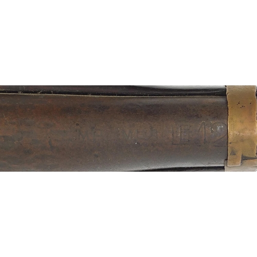 3532 - 19th century two band percussion cap rifle impressed Tower to the plate, 103cm in length