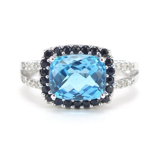 9ct white gold blue topaz, sapphire and diamond ring, size O/P, 4.7g