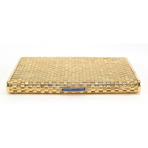 55 - 18ct gold basket weave design cigarette case with blue sapphire push button, marked 750 to the inter... 