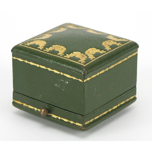 Cartier tooled green leather ring box with velvet and silk