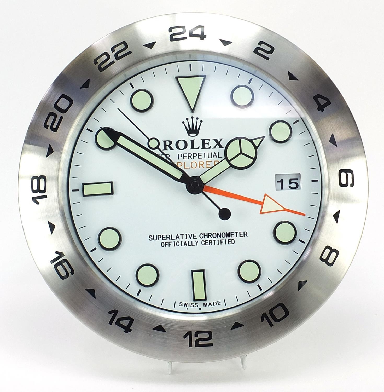 Rolex Explorer II design dealer's display wall clock, 34cm in diameter