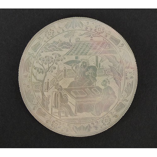 524 - Good collection of Chinese Canton mother of pearl gaming counters finely carved with figures in land... 