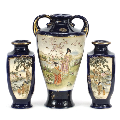 33 - Three Japanese Satsuma pottery vases hand painted with Geisha girls in a landscape by water, marks t... 