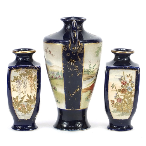 33 - Three Japanese Satsuma pottery vases hand painted with Geisha girls in a landscape by water, marks t... 