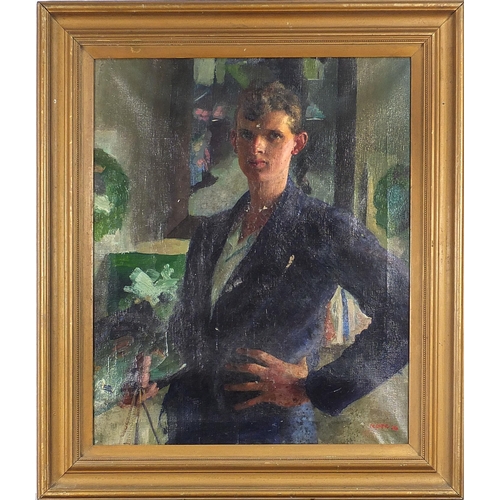 644 - William Dring - Half length portrait of a young gentleman, early 20th century oil on canvas, mounted... 