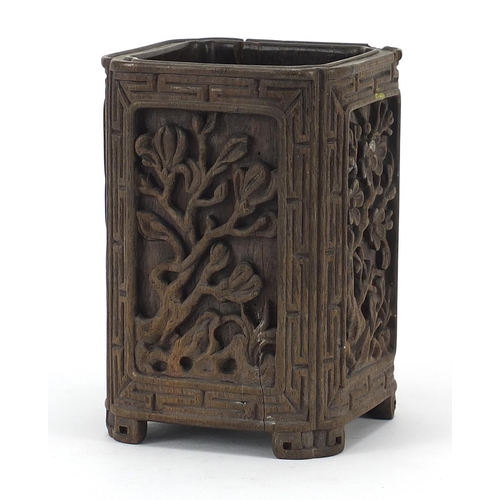 56 - Chinese brush pot carved with panels of flowers, 14cm high