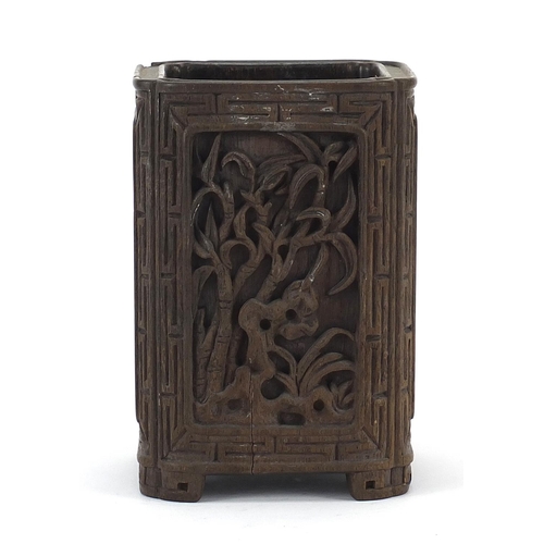 56 - Chinese brush pot carved with panels of flowers, 14cm high