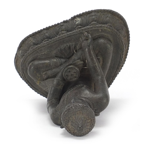 114 - Chino Tibetan patinated bronze figure of seated Buddha, character marks to the interior, 16.5cm high