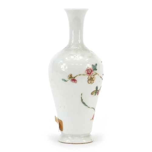 21 - Chinese porcelain vase hand painted in the famille rose palette with a bird amongst flowers, four fi... 