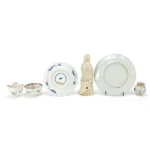14 - Chinese porcelain including blanc de chine figurine of Guanyin, blue and white plates and tea bowl, ... 