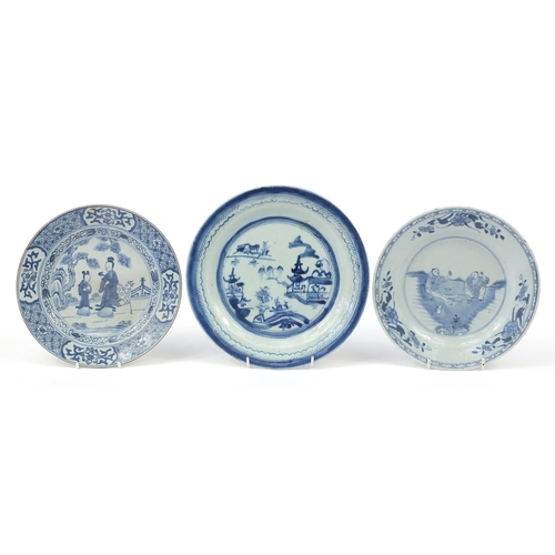 15 - Three Chinese blue and white porcelain plates hand painted with figures and pagodas, the largest 25c... 