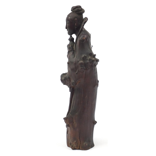 58 - Large Chinese root carving of an Empress holding a vase, 45.5cm high