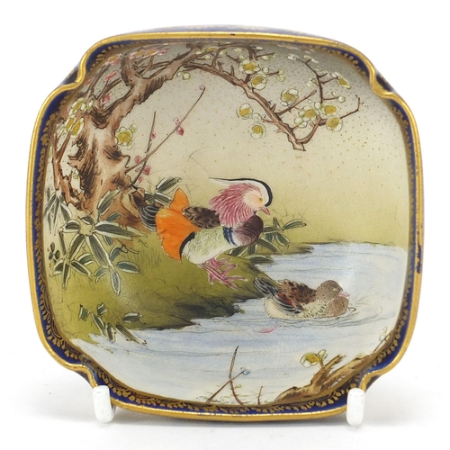 29 - Japanese Satsuma pottery bowl hand painted with two Mandarin ducks, impressed and painted Kinkozan c... 