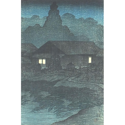 103A - Moonlit landscapes, set of three Japanese woodblock prints, mounted, framed and glazed, each 36.5cm ... 