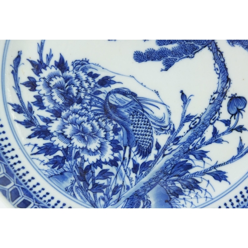 10 - Chinese blue and white porcelain plate hand painted with a pine tree, foliage and a bird, character ... 