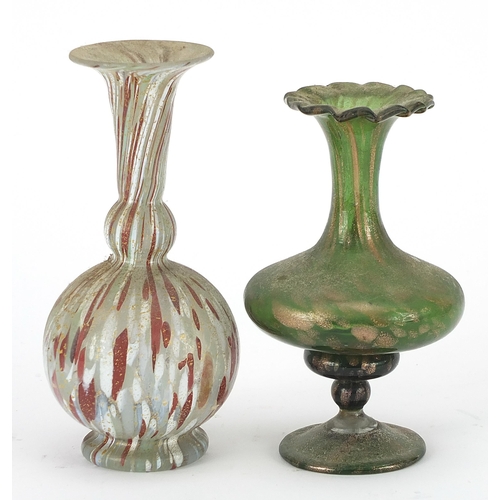 179 - Two Antique hand blown glass vases, one with green and gilt decoration, the other having red and whi... 