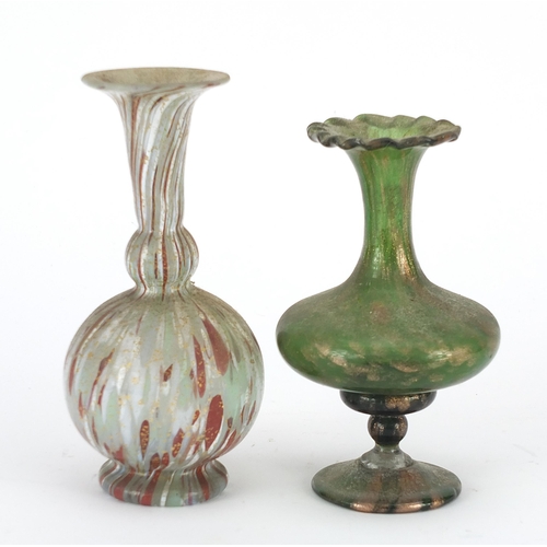 179 - Two Antique hand blown glass vases, one with green and gilt decoration, the other having red and whi... 