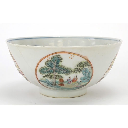 3 - Chinese porcelain bowl hand painted in the famille rose palette with panels of figures, birds and fl... 