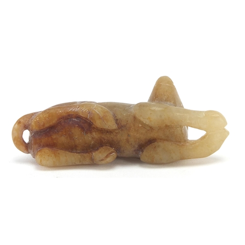 44 - Good Chinese hardstone carving of a recumbent horse and bat, possibly jade, 8.5cm in length