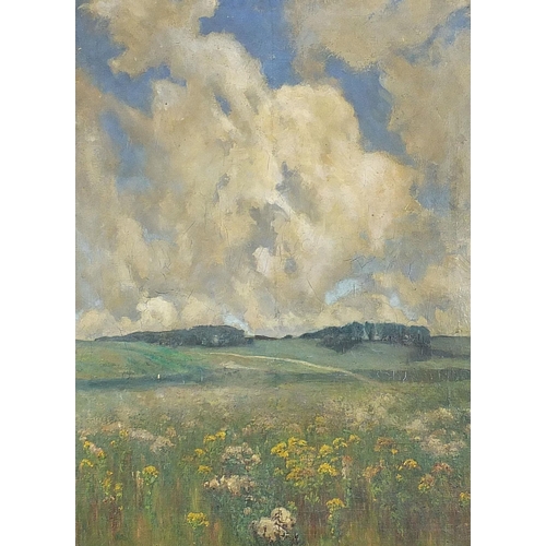 458 - Rural landscape with trees and flowers, oil on canvas, inscribed verso Fred Milner, mounted and fram... 