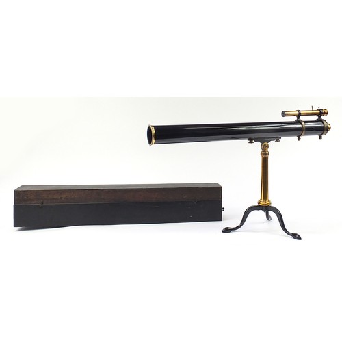 314 - Broadhurst, Clarkson & Co single draw lacquered telescope with stand and fitted pine case and access... 